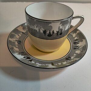 Foley Teacup and Saucer, English Bone China. Yellow Cup & Black Silhouettes
